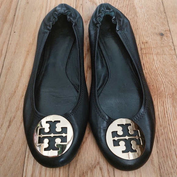 Tory Burch Black Leather Reva Flats Very EUC Size 8M - Picture 2 of 11